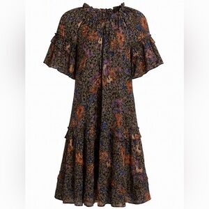 Ulla Johnson Floral Ruffle Dress - Black, Orange, Purple